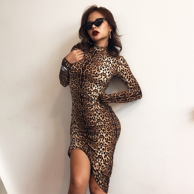 Hugcitar leopard print long sleeve slim bodycon sexy dress 2019 autumn winter women streetwear party festival dresses outfits