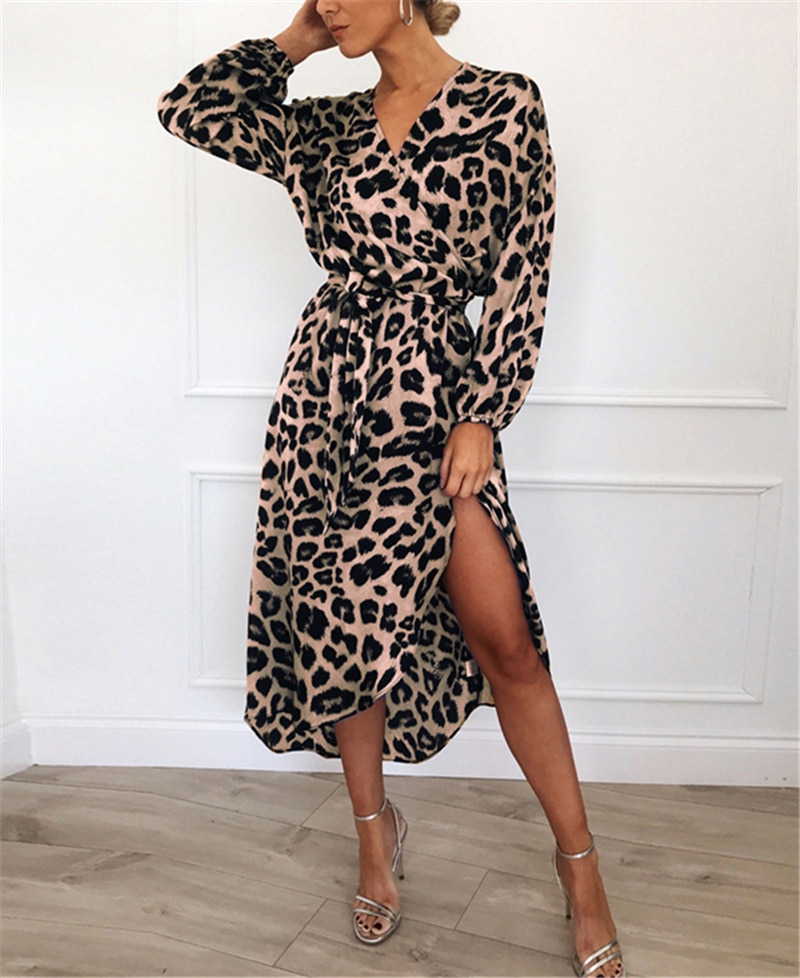 Leopard Dress 2019 Women Vintage Long Beach Dress Loose Long Sleeve Deep V-neck A-line Sexy Party Dress Vestidos de fiesta