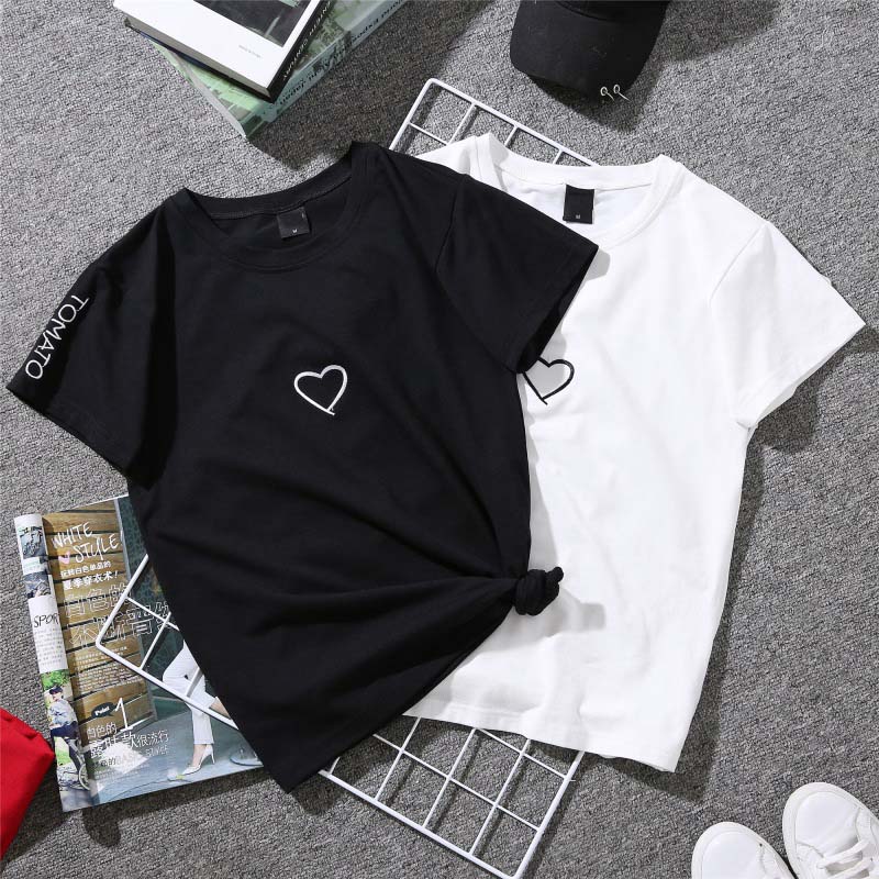 2019 Summer Couples Lovers T-Shirt for Women Casual White Tops Tshirt Women T Shirt Love Heart Embroidery Print T-Shirt Female