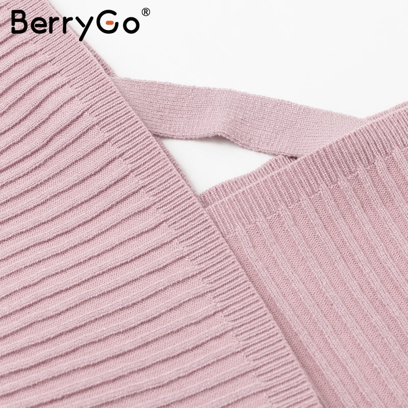 BerryGo Sexy v-neck knitted dress women Two-piece batwing sleeve female sweater dress Elegant pure ladies bodycon midi vestidos